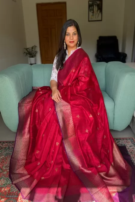 Handwoven Maroon with Purple Mutka Benaras Silk Saree