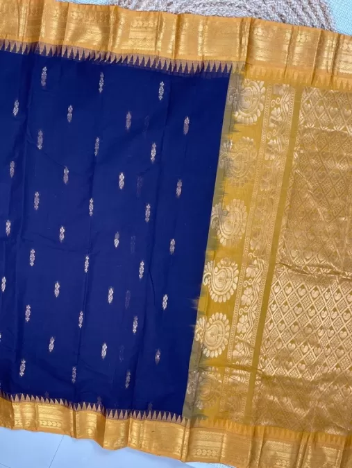 Handloom Navy Blue with Mustard Gadwal Cotton Saree