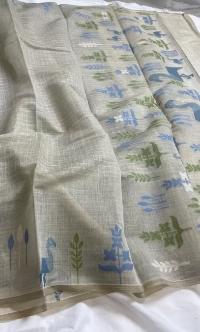 Cream with Teal Cotton Saree with Contrast Artistic Print Border