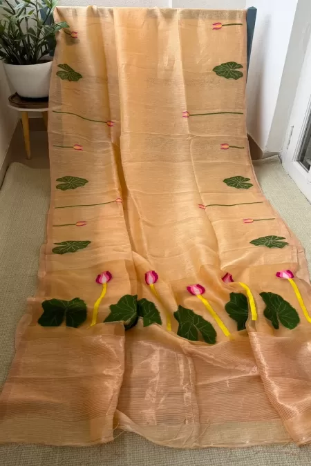 Beige Pure Silk by Linen Saree with Jamdhani