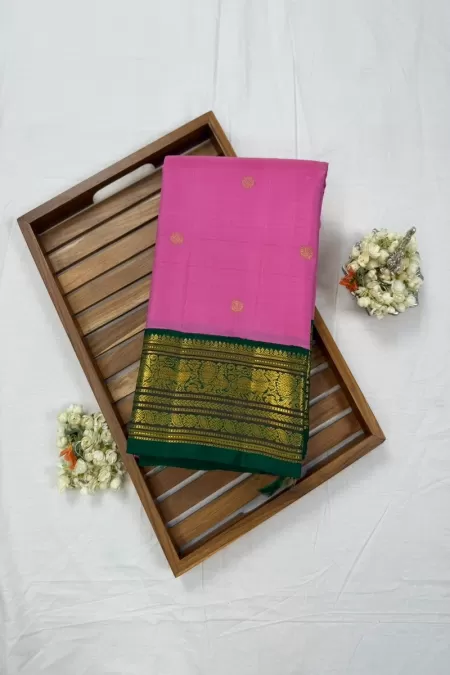Blush Pink with Bottle Green Kanjeevaram Silk Saree