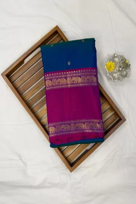 Gap Border Peacock Blue with Magenta Pink Kanjeevaram Silk Saree