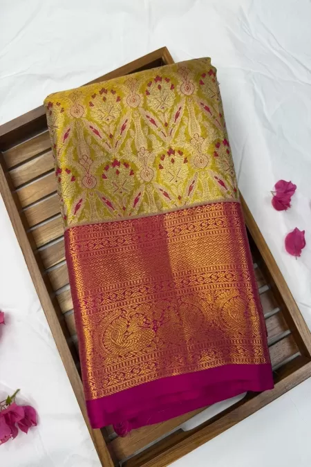 Brocade Meenakaari Gold with Pink Kanjeevaram Silk Saree