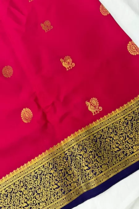 Contrast Butta Pink with Blue Pure Mysore Crepe Silk Saree