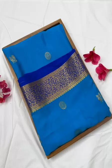 Contrast Butta Blue with Royal Blue Pure Mysore Crepe Silk Saree