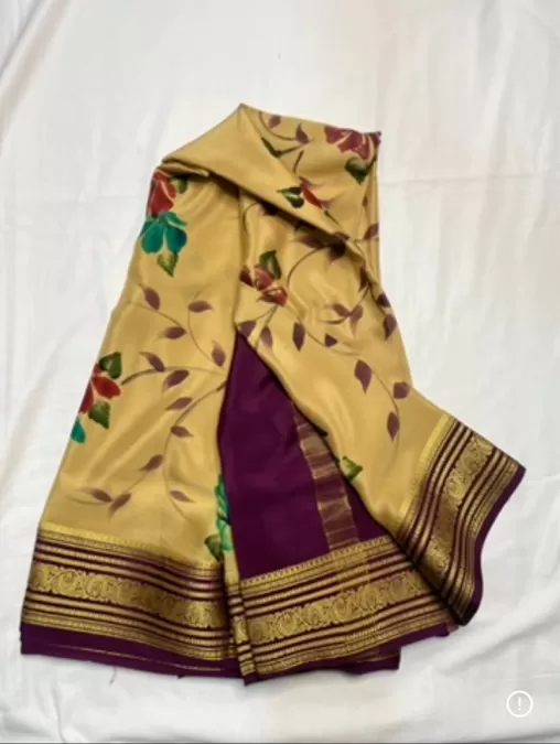 Cream Floral Print Mysore Crepe Silk Saree with Wine Zari Border
