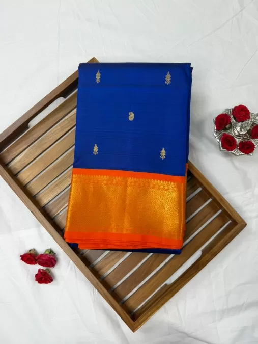 Royal Blue Silk Saree With Orange Contrast Border Kanjeevaram silk saree