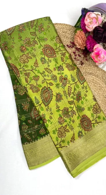 Dual Shade Green Mysore Crepe Silk Saree with Floral Print