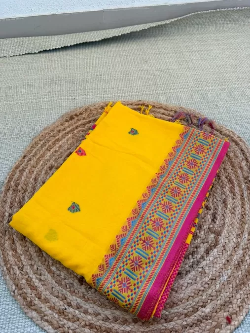 Handloom Yellow with Pink Assam Cotton Saree