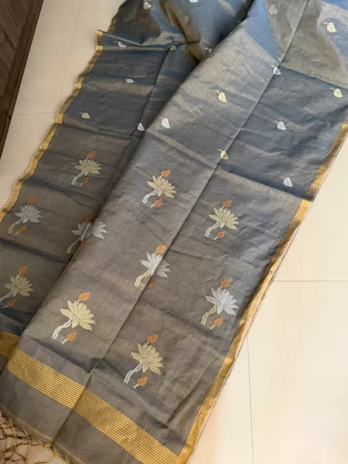 Grey Jamdhani Linen Tissue Saree