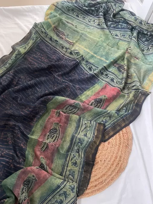 Dark Blue Pure Paper SIlk by Cotton Nashpal Handblock Print
