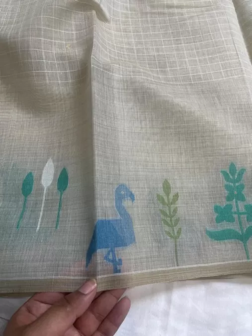 Cream with Blue Cotton Saree with Contrast Artistic Print Border