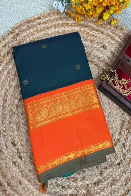 Butta Dark Green with Orange Kanjeevaram Silk Saree