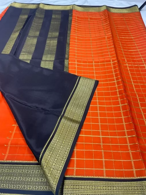 Checks Orange Mysore Crepe Silk Saree with Black Zari Border