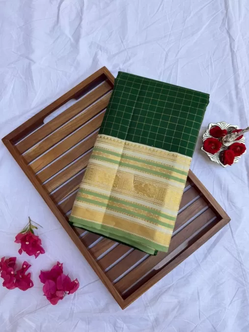 Checks Bottle Green with Cream Kanjeevaram Silk Saree