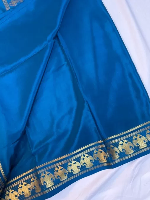 Gandaberunda Dark Blue Mysore Crepe Silk Saree