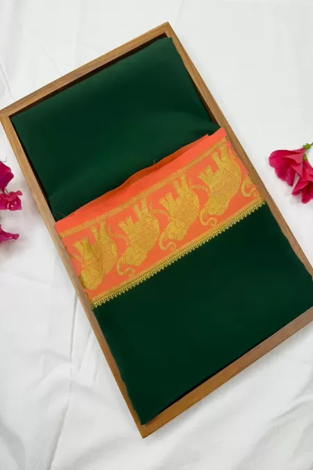 Elephant Border Bottle Green with Peach Pure Mysore Crepe Silk Saree