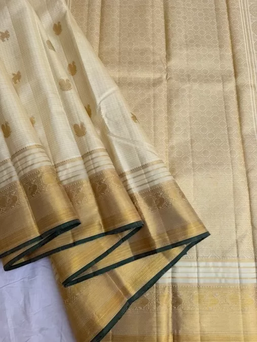 Checks Half White Kanjeevaram Silk Saree