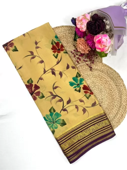 Cream Floral Print Mysore Crepe Silk Saree with Wine Zari Border