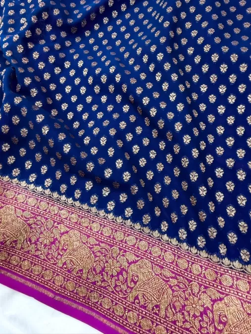 Royal Blue with Pink Khaddi Georgette Silk Saree