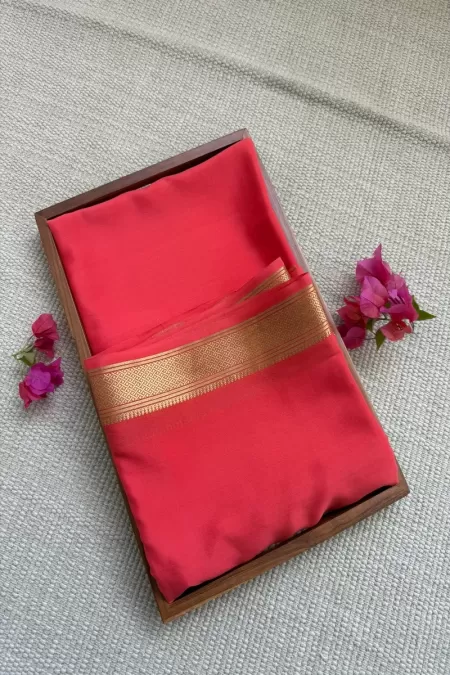 Coral Peach Pure Mysore Crepe Silk Saree