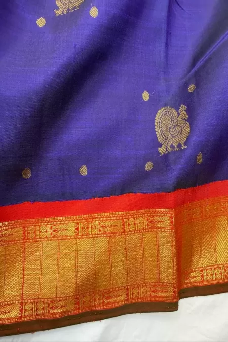 Korvai Navy Blue with Earthy Red Kanjeevaram Silk Saree