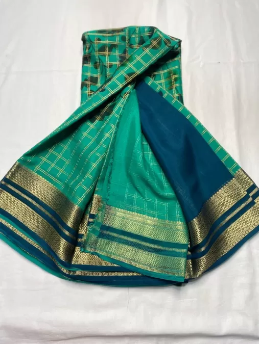 Rama Green Mysore Crepe Silk Saree with Kalamkari Print