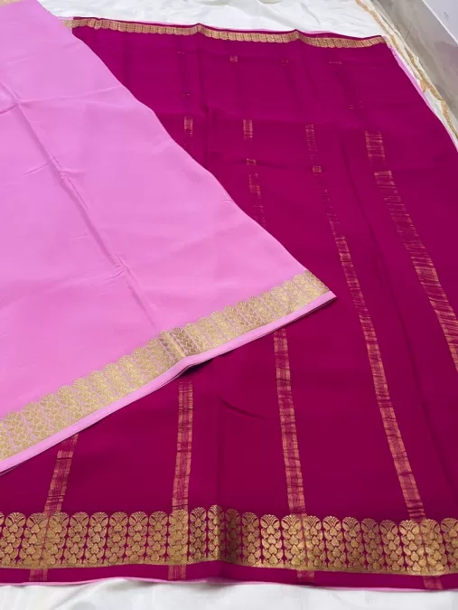 Baby Pink with Rani Pink Mysore Crepe Silk Saree