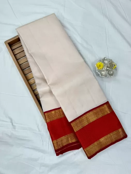 Gap Border Half White  with Red Contrast Kanjeevaram Silk Saree