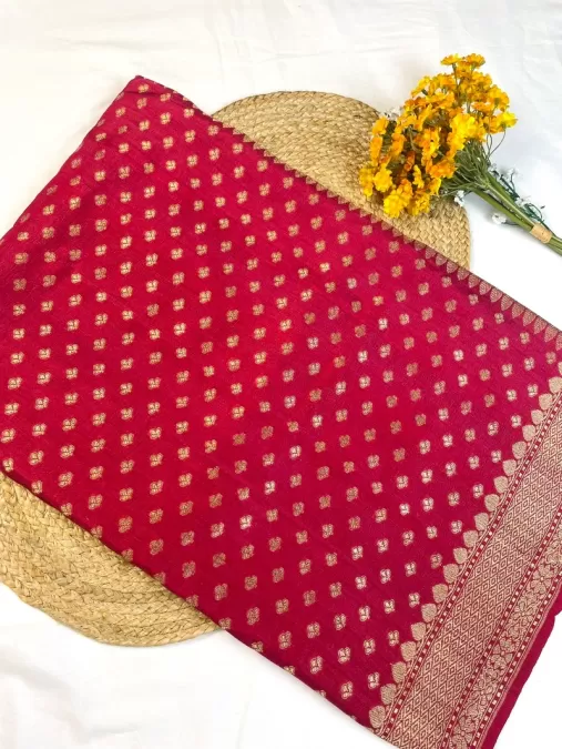 Tussar Georgette Red with Light Pink Benaras silk saree