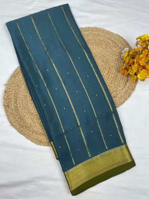 Teal Blue Mysore Crepe Silk Saree with Gold Zari Stripes &amp; Olive Green Border