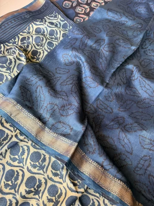 Indigo Maheshwari Silk by Cotton Handblock Saree with Chemical-Free Dye