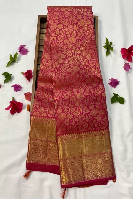 Pure Zari Fuchsia Pink Kanjeevaram Silk Saree