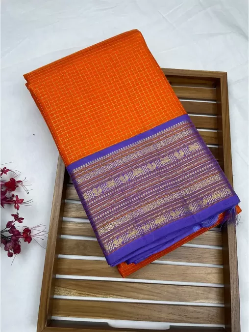 Checks Orange with Violet Contrast Kanjeevaram Silk Saree