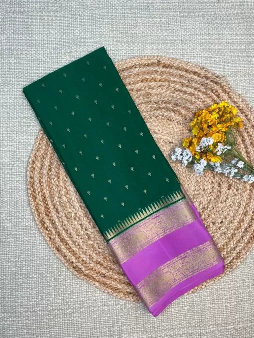 Bottle Green with Baby Pink Bentex Mysore Crepe Silk Saree