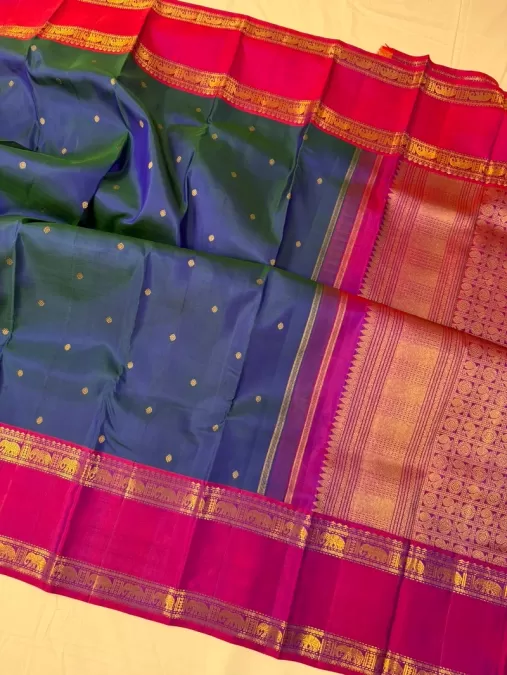 Gap Border Peacock Blue with Magenta Pink Kanjeevaram Silk Saree