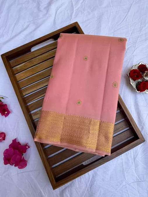 Meenakaari Butta Peach pink Kanjeevaram Silk Saree