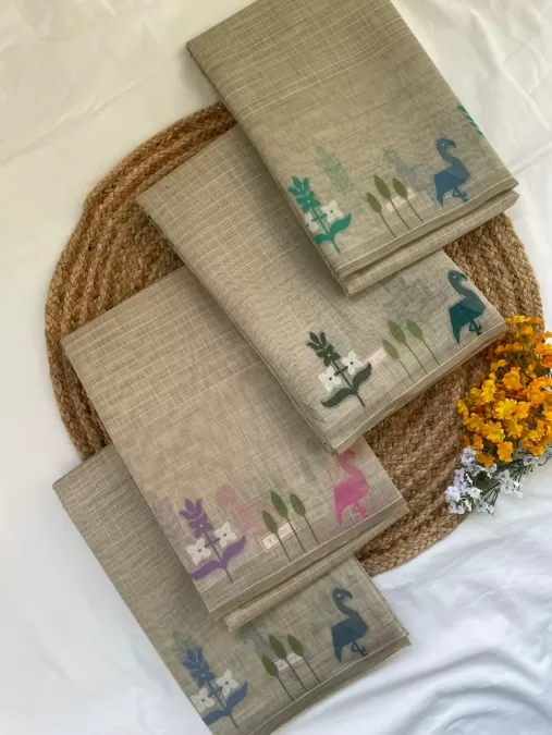Cream with Teal Cotton Saree with Contrast Artistic Print Border