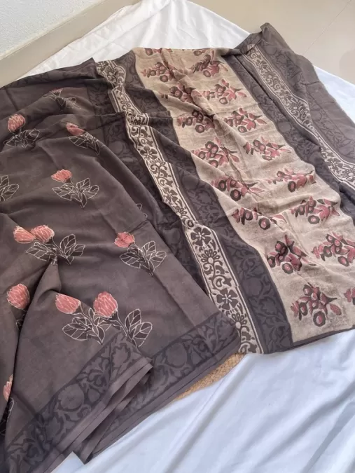 Brown Mul Cotton Saree with Handblock Floral Print