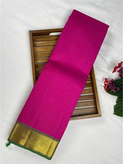 Small Checks Pink with Green Kanjeevaram Silk Saree