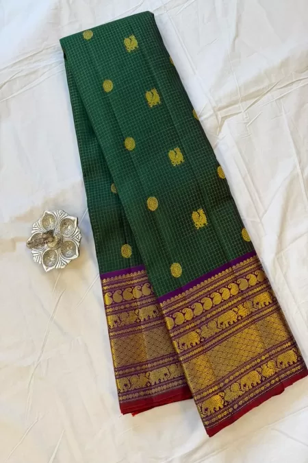 Small Checks Pink with Green Kanjeevaram Silk Saree