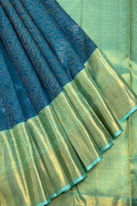 Brocade Korvai Peacock Blue with Mint Green Kanjeevaram Silk Saree
