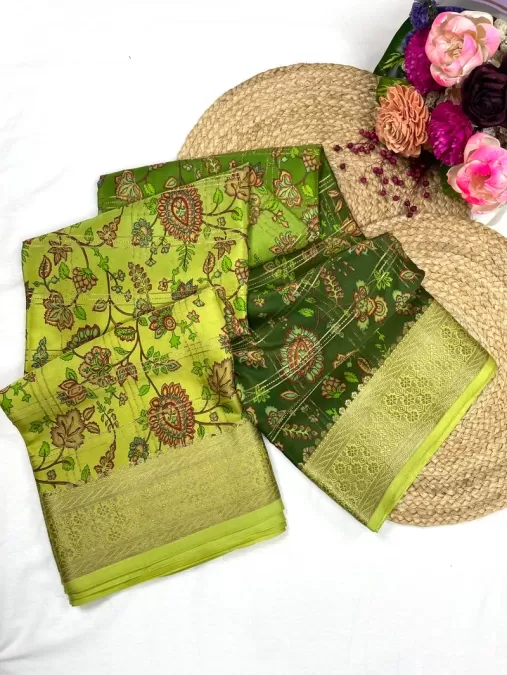 Dual Shade Green Mysore Crepe Silk Saree with Floral Print
