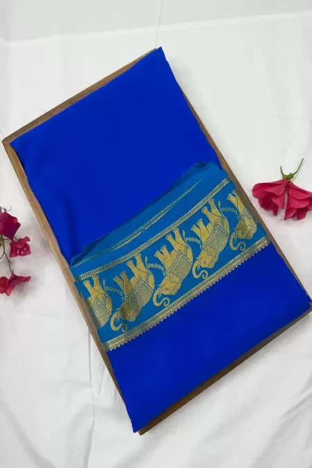 Elephant Border Royal Blue with Blue Pure Mysore Crepe Silk Saree