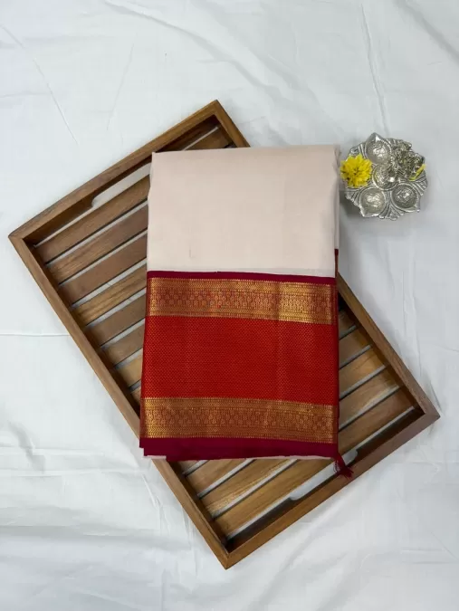 Gap Border Half White  with Red Contrast Kanjeevaram Silk Saree