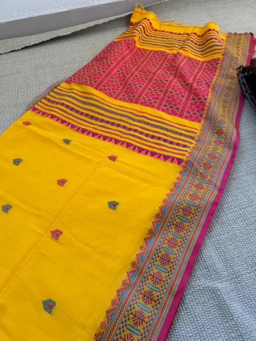 Handloom Yellow with Pink Assam Cotton Saree