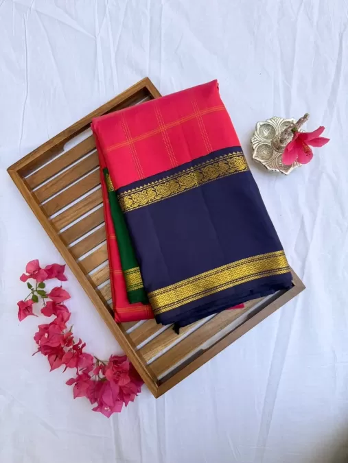 Ganga Jamuna Orangish Pink with Green and Dark Blue Kanjeevaram Silk Saree