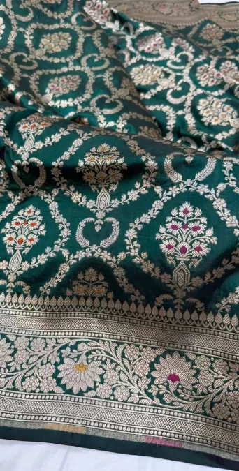 Bottle Green Meenakaari Benaras Katan Silk Saree