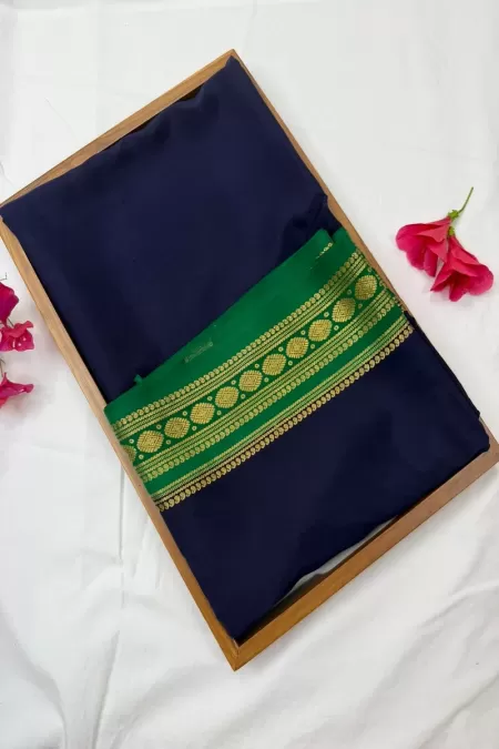 Contrast Navy Blue with Green Pure Mysore Crepe Silk Saree