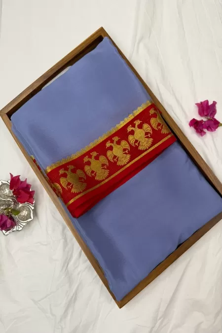 Gandaberunda Pastel Blue with Red Mysore Crepe Silk Saree